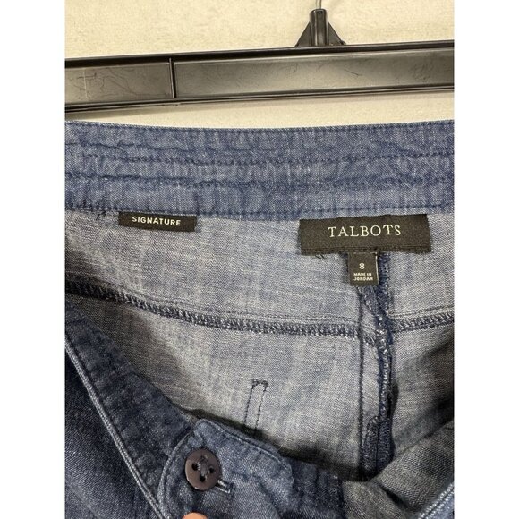 Talbots Signature Chambray Pants Womens 8 Blue Tie Button Waist Roll Tab Crop - Picture 4 of 9